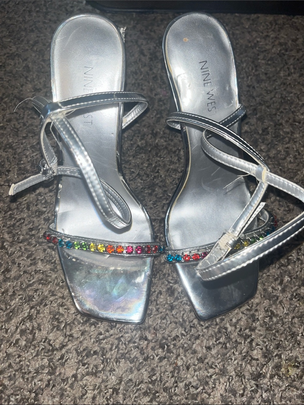 Nine West Silver Heeled Sandals with Multicolor Gemstones